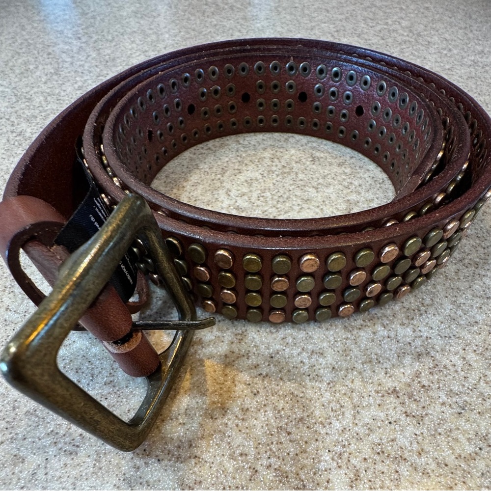 Ikks Brown Leather Belt with Brass Studs NWOT